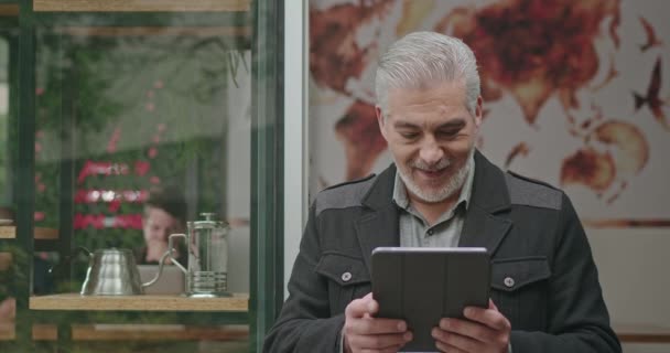 Confident Entrepreneur Holding Tablet Front Cafe Store Portrait Happy Coffee — Vídeos de Stock