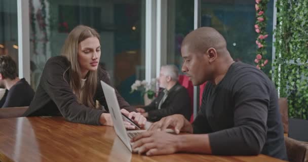 Young Woman Showing Cellphone Device Screen Black Colleague Cafe People — Vídeos de Stock