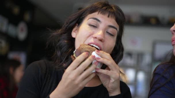 One Hispanic Woman Eating Burger Latin American Girl Eats Fast — Stock Video