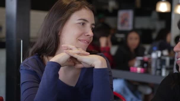 Two Women Talking Restaurant Female Friends Sharing Gossip Conversation Cafe — Stock Video