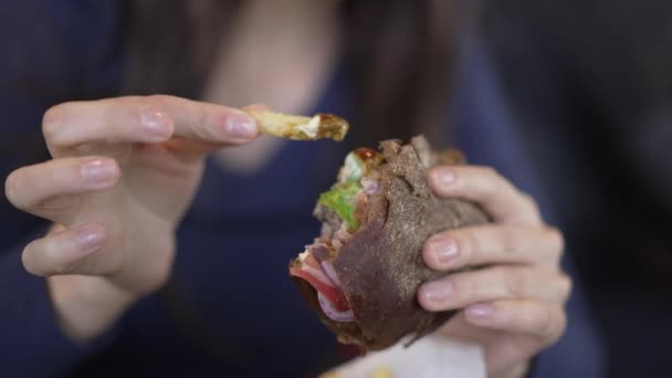 Des Mains Serrées Tenant Hamburger Hamburger Fromage — Video