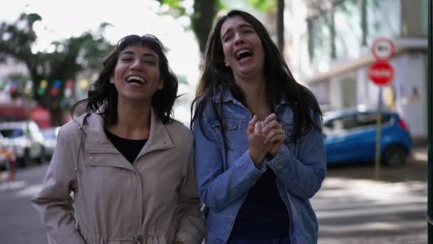 Female Friends Laughing Smiling While While Walking City Sidewalk Authentic — Video