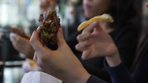 Closeup Hand Holding Burger Eating French Fry Restaurant Lunch — Αρχείο Βίντεο