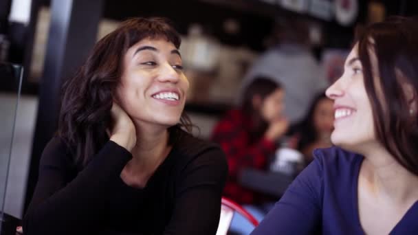 Twee Vrouwelijke Vrienden Gesprek Praten Restaurant Roddelen — Stockvideo