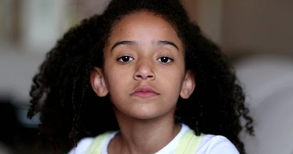 Female Mixed Race Child Girl Staring Camera Serious Little Kid — Stock Fotó
