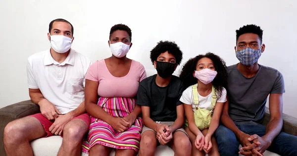 Family Putting Covid Face Mask Together Interracial Parents Children Wearing — Stok fotoğraf