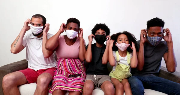 Family Putting Covid Face Mask Together Interracial Parents Children Wearing — Stok fotoğraf