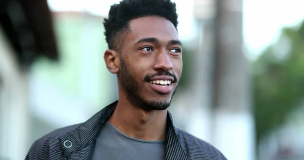 Happy Thoughtful African Man Walking Pensive Black Guy Feeling Joy — Foto de Stock