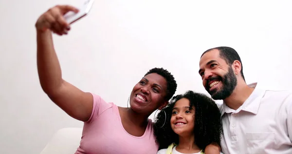 Happy Multiracial Family Taking Selfie Smartphone Device Interracial Parents Take — 스톡 사진