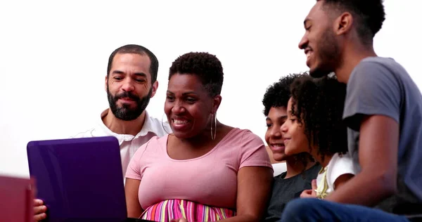 Happy Family Video Conference Laptop Webcam Interracial Parents Mixed Race — Stok fotoğraf