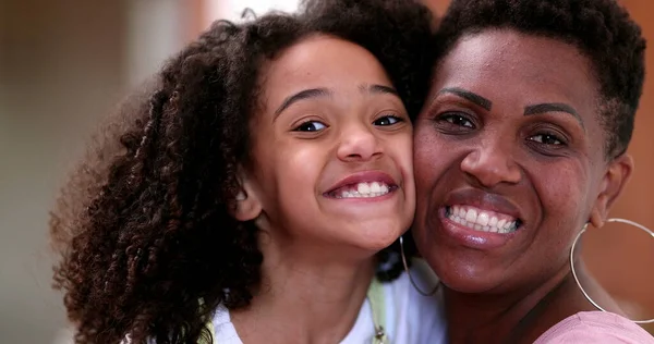 Happy African Mother Daughter Posing Camera Smiling Cheek Cheek — Stockfoto