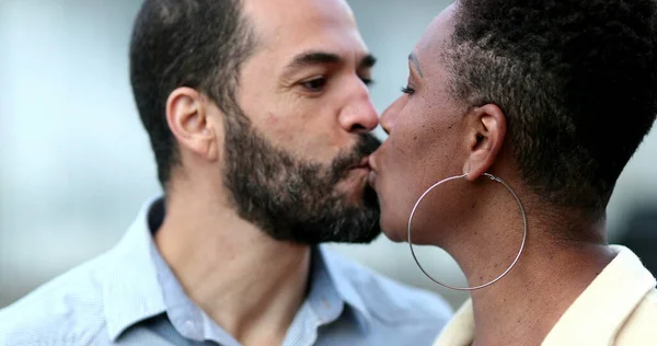 Interracial Couple Kiss Hispanic Husband Black African Wife Kissing Each — Stok fotoğraf