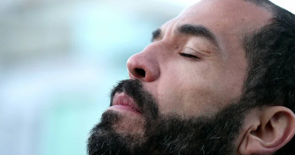 Hispanic Man Closing Eyes Meditation Year Old Person Eyes Closed —  Fotos de Stock
