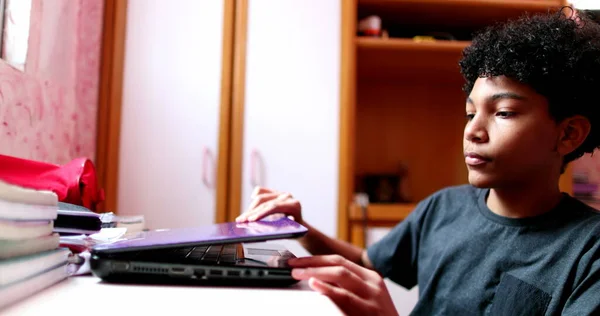 Mixed Race Child Opening Laptop Screen Preparing Online Class Homework — Foto Stock