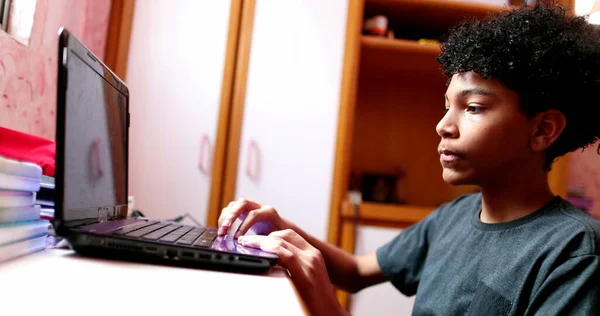 Mixed Race Child Opening Laptop Screen Preparing Online Class Homework — Photo