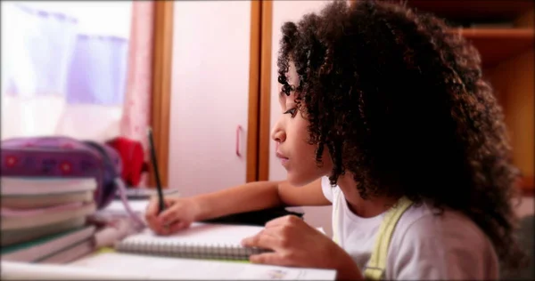 Little School Girl Studying Home Writing Notes Black Mixed Race — Fotografia de Stock