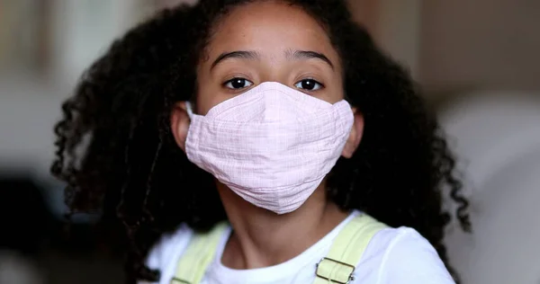 Little Girl Putting Covid Face Mask Mixed Race Child Puts — Fotografia de Stock