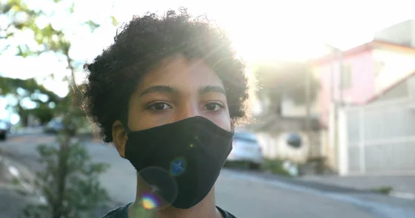 Mixed Race Young Boy Wearing Covid Face Mask Urban Street — Stok fotoğraf