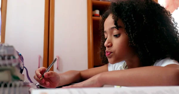 Mixed Race Girl Writing Notes Doing Homework Home Little Girl — Stock Fotó