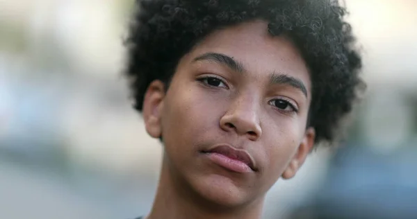 Serious Mixed Race Young Boy Looking Camera Black Ethnic Kid — Stock Fotó