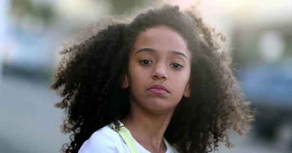 Serious Hispanic Black Ethnicity Little Girl Moody Child Changing Emotion — Fotografia de Stock