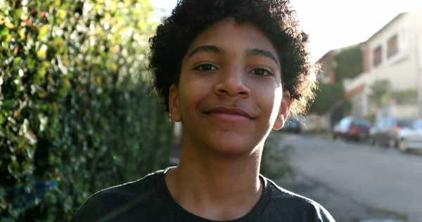 Young Boy Walking Street Sidewalk Mixed Race Black Ethnicity — 스톡 사진