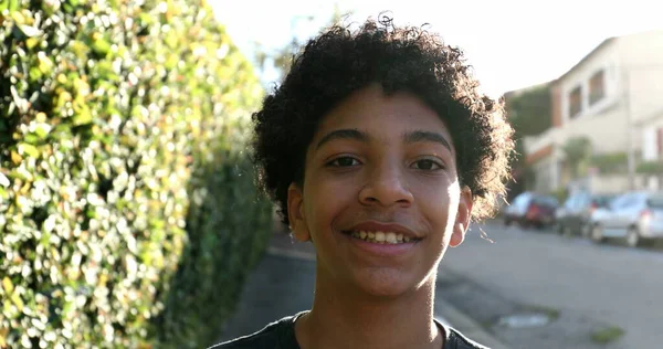 Young Boy Walking Street Sidewalk Mixed Race Black Ethnicity — Stock Fotó