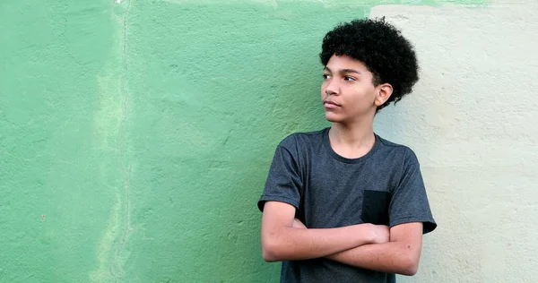 Young Boy Standing Arms Crossed Observing Mixed Race Child Black — Stok fotoğraf