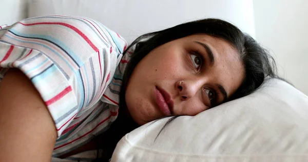 Depressed Young Woman Feeling Sad Slouched Couch Pensive Girl Feel — Stok fotoğraf