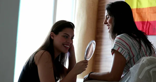 Candid Woman Looking Herself Front Hand Mirror Casual Friends Applying — ストック写真