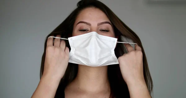 Attractive Young Woman Removing Covid Mask — Stok Foto