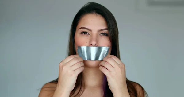 Assertive Woman Removing Tape Mouth Feeling Relief Freedom Speak — Stock fotografie