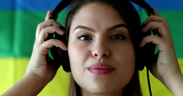 Happy Millennial Woman Listening Song Girl Face Wearing Headphones — Foto de Stock
