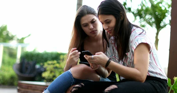 Girlfriends Using Smartphone Device Women Checking Cellphone — Fotografia de Stock
