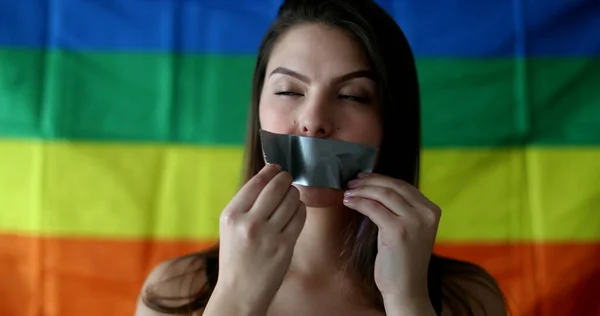 Woman Removing Tape Mouth Lgbt Pride Freedom Concept — Foto de Stock