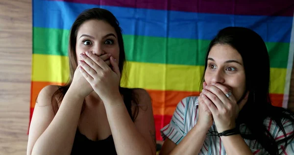 Two Girlfriends Shock Amused Reaction Covering Mouth Hands Lgbt Concept — ストック写真