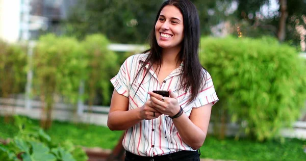 Millennial Woman Celebrating Fist Success Holding Smartphone — Photo