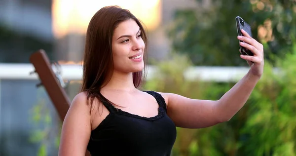 Young Woman Taking Selfie Picture Millennial Girl Takes Photo Herself — Fotografia de Stock