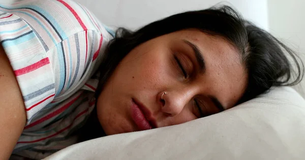 Young Woman Opening Eyes Lying Couch Girl Wakes Open Eyes — Fotografia de Stock