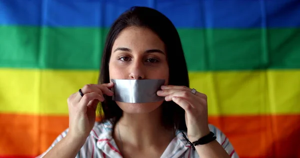 Young Woman Covering Mouth Duct Tape Lgbt Censorship Concept Gay — Stok fotoğraf