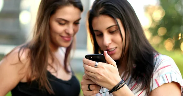 Women Using Smartphone Female Friends Checking Cellphone Screen — Stock Photo, Image