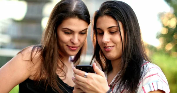 Women Using Smartphone Female Friends Checking Cellphone Screen — Foto de Stock