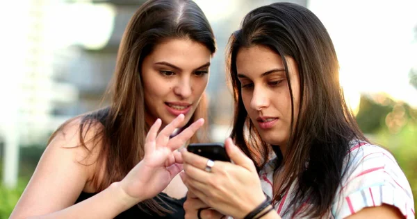 Women Using Smartphone Female Friends Checking Cellphone Screen — ストック写真