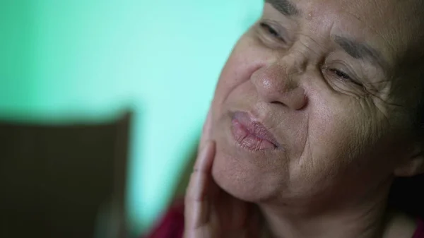 One Thoughtful Hispanic Older Woman Closeup Face Pensive South American — Stok Foto