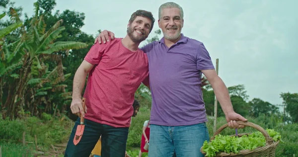 Two Urban Farmers Posing Camera Father Adult Son Portrait Agriculture — ストック写真