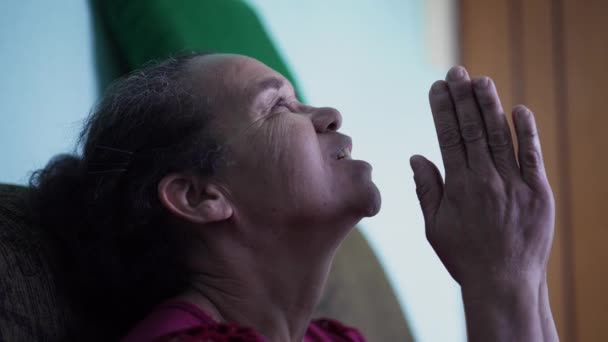 Serene Older Woman Praying God Looking Sky Prayer — Stockvideo