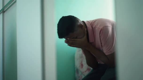 Anxious Young Man Covering Face Suffering Mental Illness Mirror Reflection — Vídeo de Stock