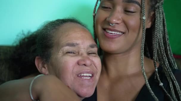 Portrait Happy Mother Daughter Smiling Hugging Two Hispanic Latin South — Stockvideo