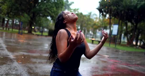 Spiritual Young Woman Rain Shower Raising Arms Girl Raising Arms — Video Stock