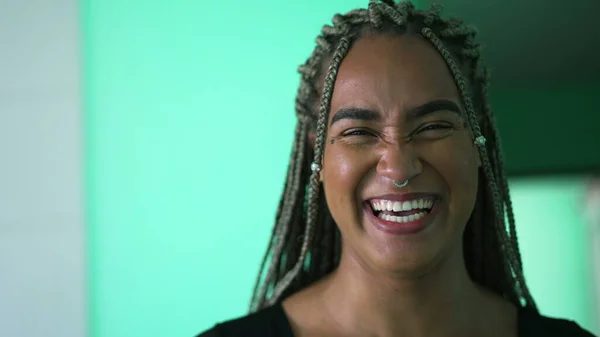 One Happy Brazilian Woman Laughing Smiling Portrait Hispanic Black Latina — Zdjęcie stockowe
